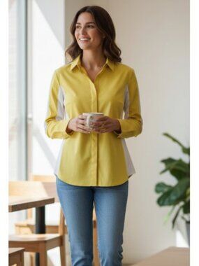 WORTHINGTON Yellow White Button Front Blouse Ladies XLarge